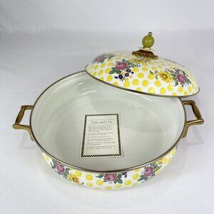 Mackenzie Childs Buttercup Yellow Dot Floral Enamel 10” Casserole Dish - NWT